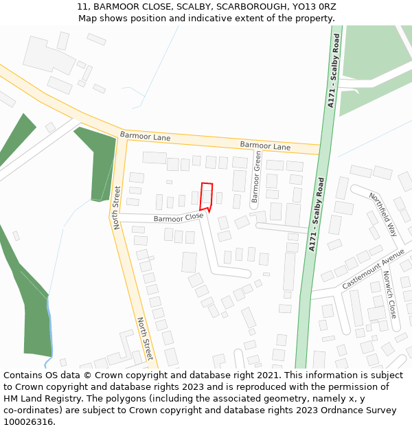 11, BARMOOR CLOSE, SCALBY, SCARBOROUGH, YO13 0RZ: Location map and indicative extent of plot