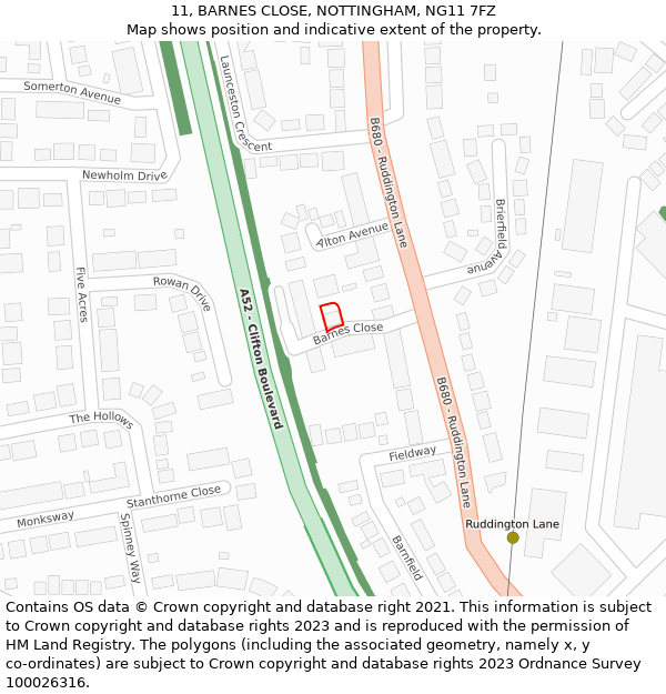 11, BARNES CLOSE, NOTTINGHAM, NG11 7FZ: Location map and indicative extent of plot