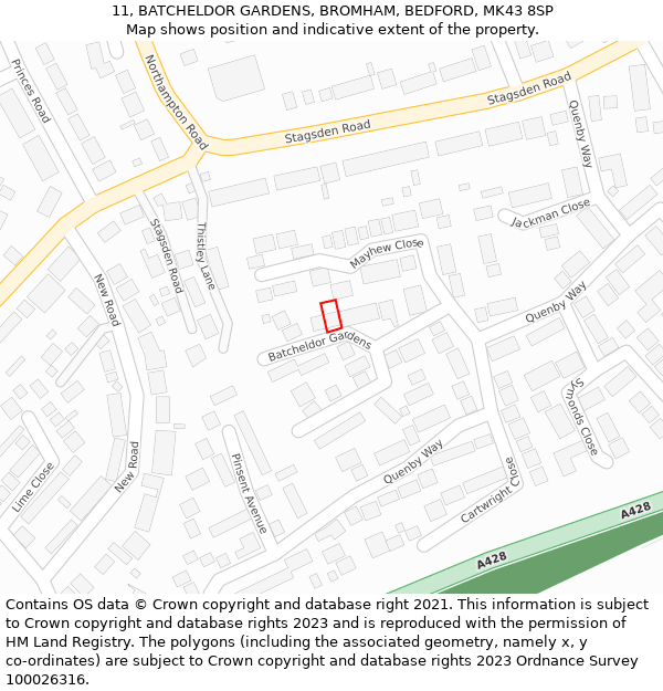 11, BATCHELDOR GARDENS, BROMHAM, BEDFORD, MK43 8SP: Location map and indicative extent of plot