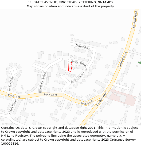 11, BATES AVENUE, RINGSTEAD, KETTERING, NN14 4DY: Location map and indicative extent of plot