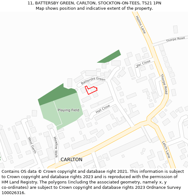 11, BATTERSBY GREEN, CARLTON, STOCKTON-ON-TEES, TS21 1PN: Location map and indicative extent of plot