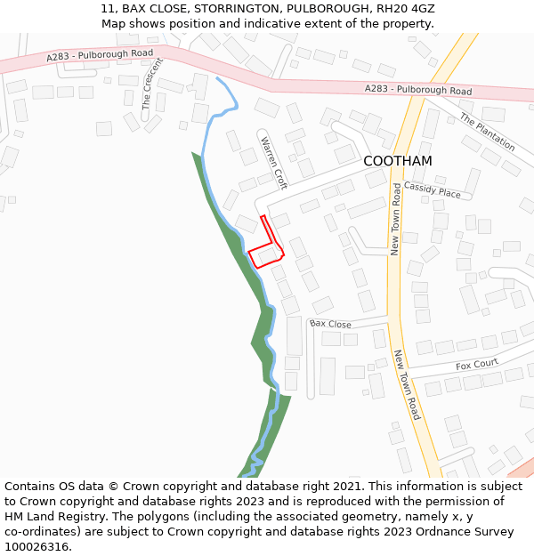 11, BAX CLOSE, STORRINGTON, PULBOROUGH, RH20 4GZ: Location map and indicative extent of plot