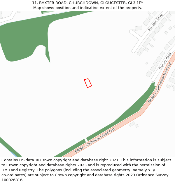 11, BAXTER ROAD, CHURCHDOWN, GLOUCESTER, GL3 1FY: Location map and indicative extent of plot