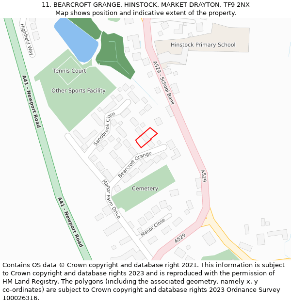 11, BEARCROFT GRANGE, HINSTOCK, MARKET DRAYTON, TF9 2NX: Location map and indicative extent of plot