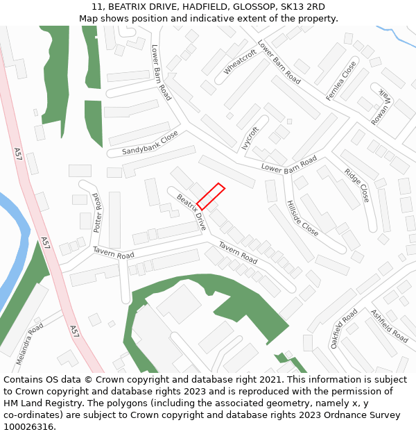 11, BEATRIX DRIVE, HADFIELD, GLOSSOP, SK13 2RD: Location map and indicative extent of plot