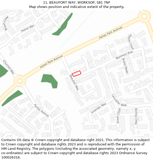 11, BEAUFORT WAY, WORKSOP, S81 7NF: Location map and indicative extent of plot