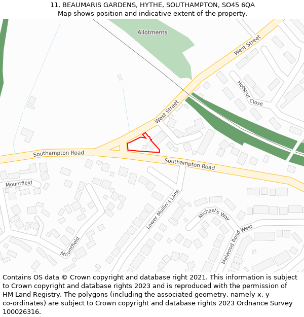 11, BEAUMARIS GARDENS, HYTHE, SOUTHAMPTON, SO45 6QA: Location map and indicative extent of plot