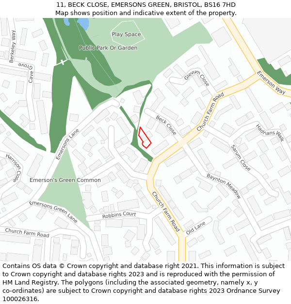 11, BECK CLOSE, EMERSONS GREEN, BRISTOL, BS16 7HD: Location map and indicative extent of plot