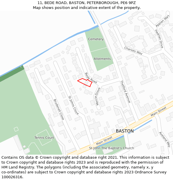 11, BEDE ROAD, BASTON, PETERBOROUGH, PE6 9PZ: Location map and indicative extent of plot
