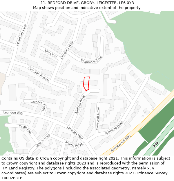 11, BEDFORD DRIVE, GROBY, LEICESTER, LE6 0YB: Location map and indicative extent of plot