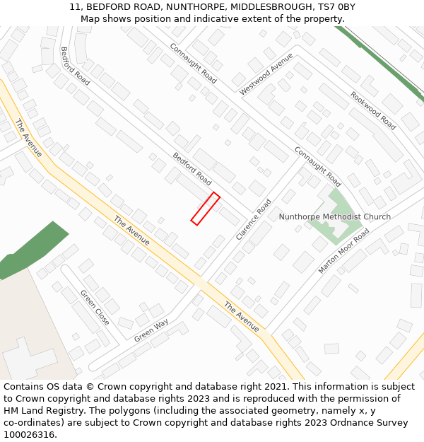 11, BEDFORD ROAD, NUNTHORPE, MIDDLESBROUGH, TS7 0BY: Location map and indicative extent of plot