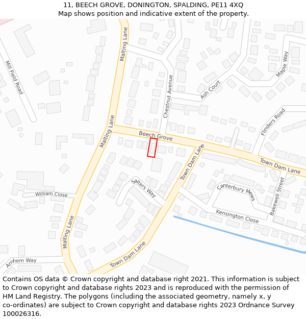 11, BEECH GROVE, DONINGTON, SPALDING, PE11 4XQ: Location map and indicative extent of plot