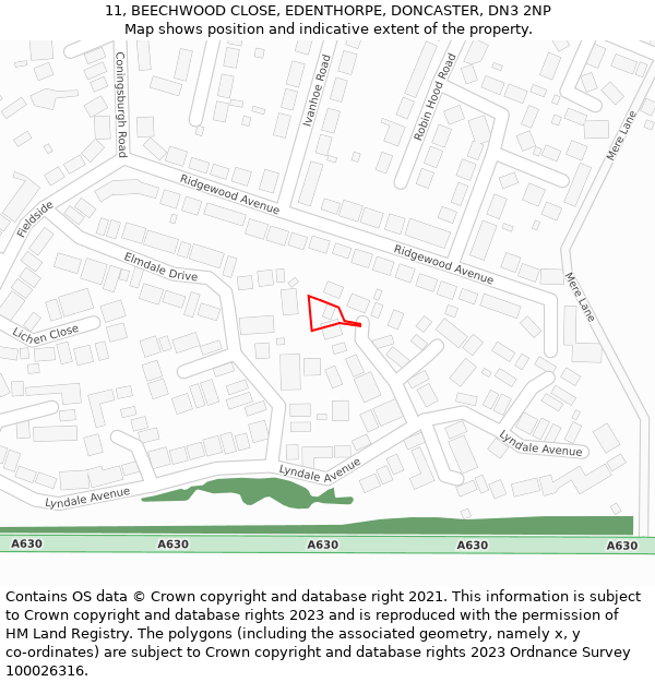 11, BEECHWOOD CLOSE, EDENTHORPE, DONCASTER, DN3 2NP: Location map and indicative extent of plot