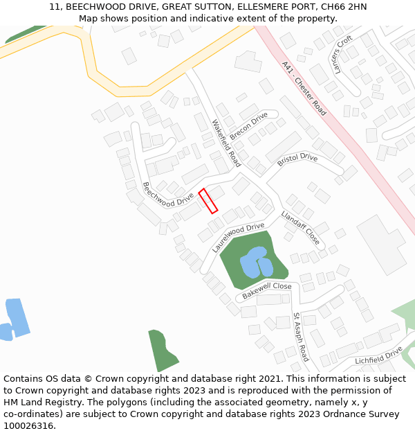 11, BEECHWOOD DRIVE, GREAT SUTTON, ELLESMERE PORT, CH66 2HN: Location map and indicative extent of plot