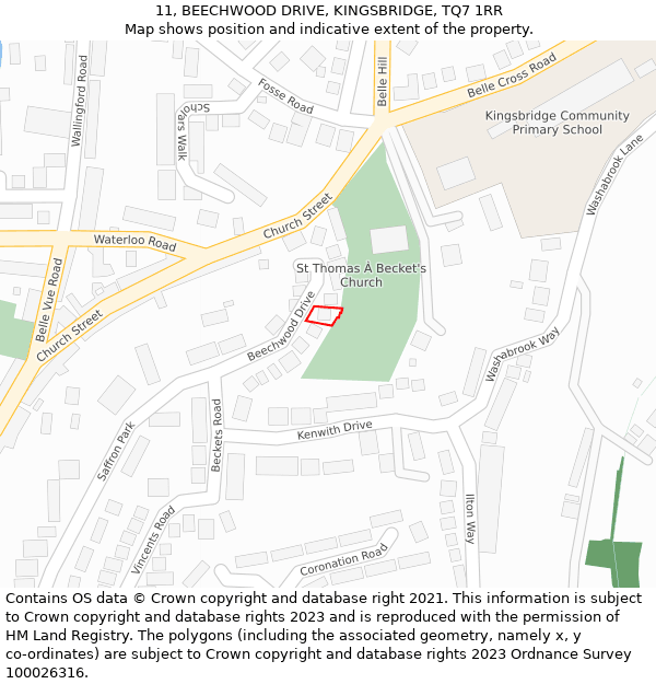 11, BEECHWOOD DRIVE, KINGSBRIDGE, TQ7 1RR: Location map and indicative extent of plot
