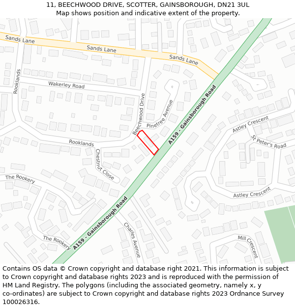 11, BEECHWOOD DRIVE, SCOTTER, GAINSBOROUGH, DN21 3UL: Location map and indicative extent of plot