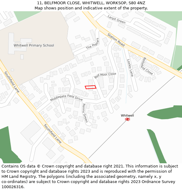 11, BELFMOOR CLOSE, WHITWELL, WORKSOP, S80 4NZ: Location map and indicative extent of plot