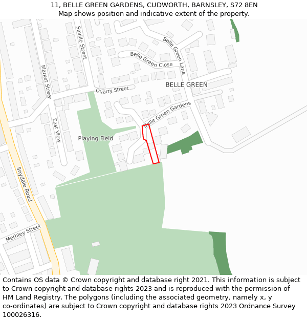11, BELLE GREEN GARDENS, CUDWORTH, BARNSLEY, S72 8EN: Location map and indicative extent of plot