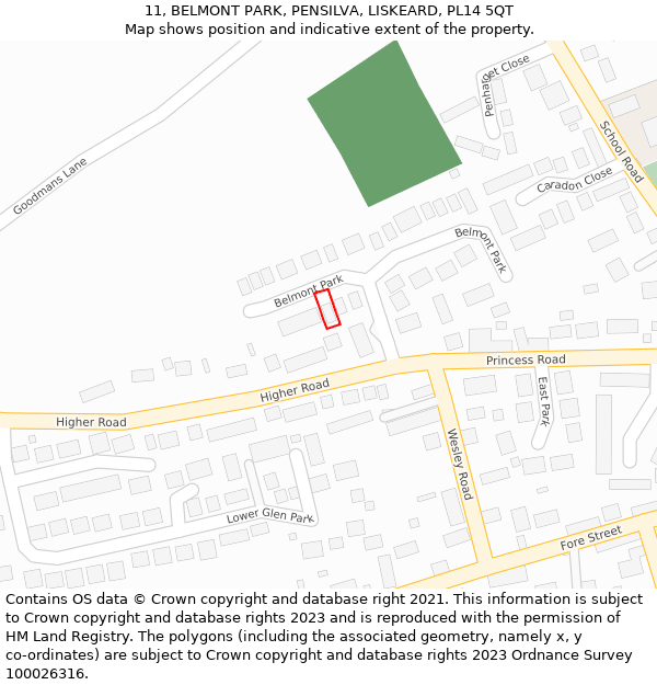 11, BELMONT PARK, PENSILVA, LISKEARD, PL14 5QT: Location map and indicative extent of plot