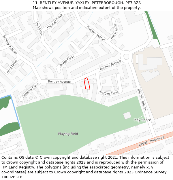 11, BENTLEY AVENUE, YAXLEY, PETERBOROUGH, PE7 3ZS: Location map and indicative extent of plot