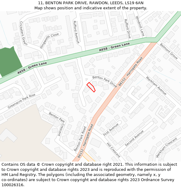 11, BENTON PARK DRIVE, RAWDON, LEEDS, LS19 6AN: Location map and indicative extent of plot