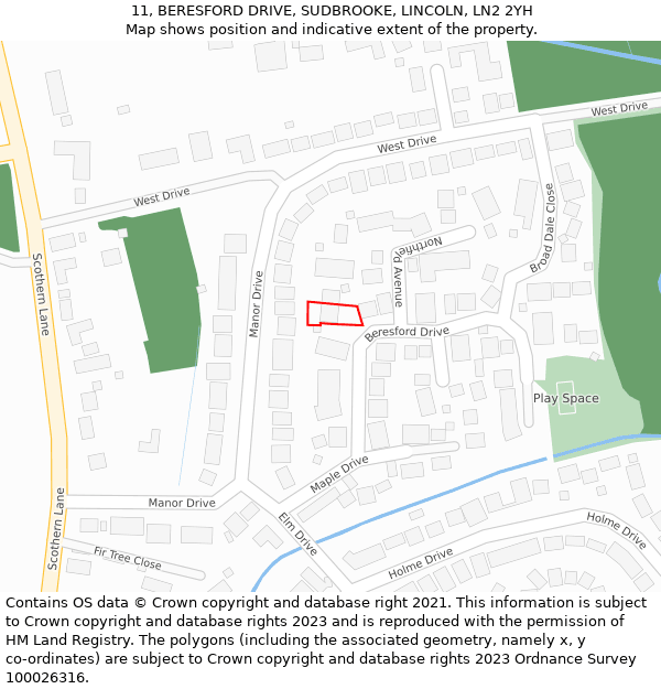 11, BERESFORD DRIVE, SUDBROOKE, LINCOLN, LN2 2YH: Location map and indicative extent of plot