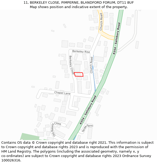 11, BERKELEY CLOSE, PIMPERNE, BLANDFORD FORUM, DT11 8UF: Location map and indicative extent of plot