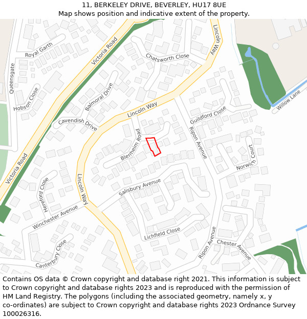 11, BERKELEY DRIVE, BEVERLEY, HU17 8UE: Location map and indicative extent of plot