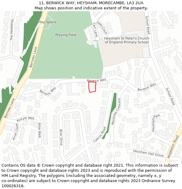 11, BERWICK WAY, HEYSHAM, MORECAMBE, LA3 2UA: Location map and indicative extent of plot