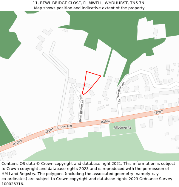 11, BEWL BRIDGE CLOSE, FLIMWELL, WADHURST, TN5 7NL: Location map and indicative extent of plot