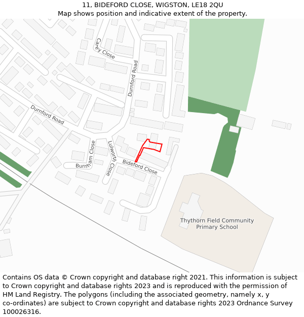 11, BIDEFORD CLOSE, WIGSTON, LE18 2QU: Location map and indicative extent of plot