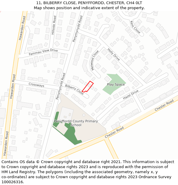 11, BILBERRY CLOSE, PENYFFORDD, CHESTER, CH4 0LT: Location map and indicative extent of plot