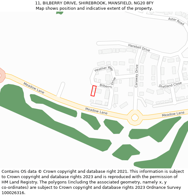 11, BILBERRY DRIVE, SHIREBROOK, MANSFIELD, NG20 8FY: Location map and indicative extent of plot