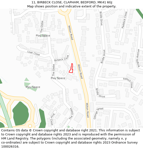 11, BIRBECK CLOSE, CLAPHAM, BEDFORD, MK41 6GJ: Location map and indicative extent of plot