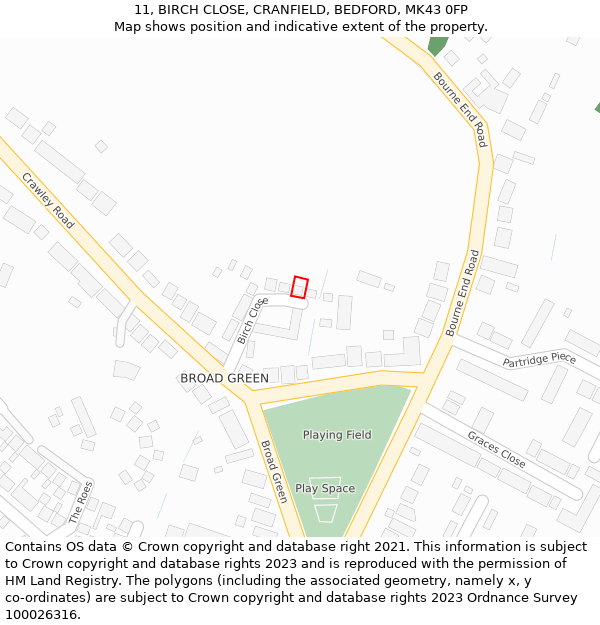 11, BIRCH CLOSE, CRANFIELD, BEDFORD, MK43 0FP: Location map and indicative extent of plot