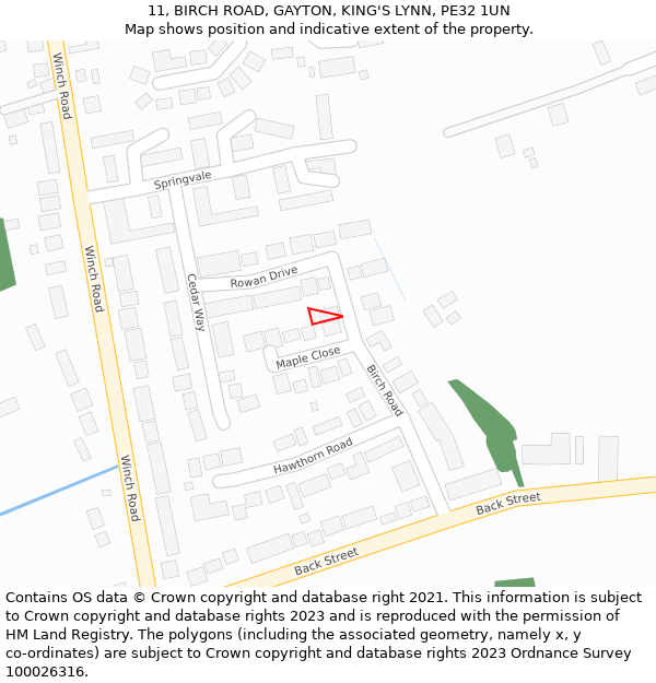 11, BIRCH ROAD, GAYTON, KING'S LYNN, PE32 1UN: Location map and indicative extent of plot