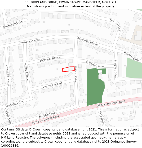 11, BIRKLAND DRIVE, EDWINSTOWE, MANSFIELD, NG21 9LU: Location map and indicative extent of plot