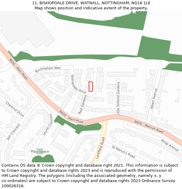 11, BISHOPDALE DRIVE, WATNALL, NOTTINGHAM, NG16 1LE: Location map and indicative extent of plot