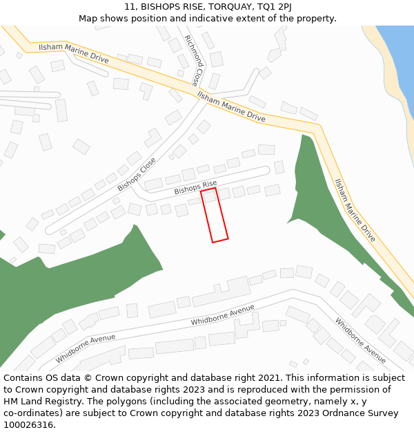 11, BISHOPS RISE, TORQUAY, TQ1 2PJ: Location map and indicative extent of plot