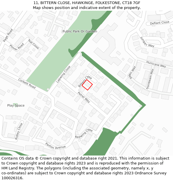 11, BITTERN CLOSE, HAWKINGE, FOLKESTONE, CT18 7GF: Location map and indicative extent of plot