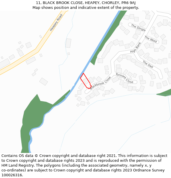 11, BLACK BROOK CLOSE, HEAPEY, CHORLEY, PR6 9AJ: Location map and indicative extent of plot