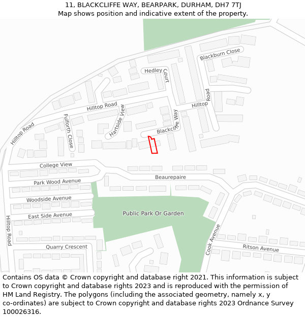 11, BLACKCLIFFE WAY, BEARPARK, DURHAM, DH7 7TJ: Location map and indicative extent of plot