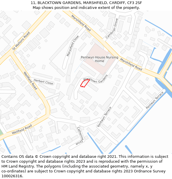 11, BLACKTOWN GARDENS, MARSHFIELD, CARDIFF, CF3 2SF: Location map and indicative extent of plot