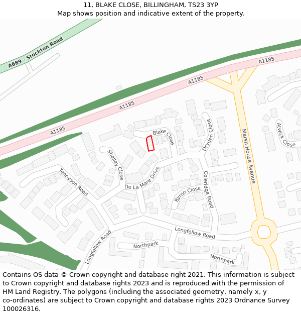 11, BLAKE CLOSE, BILLINGHAM, TS23 3YP: Location map and indicative extent of plot