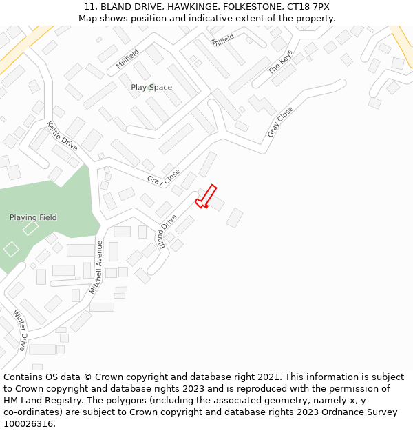 11, BLAND DRIVE, HAWKINGE, FOLKESTONE, CT18 7PX: Location map and indicative extent of plot