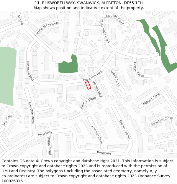 11, BLISWORTH WAY, SWANWICK, ALFRETON, DE55 1EH: Location map and indicative extent of plot