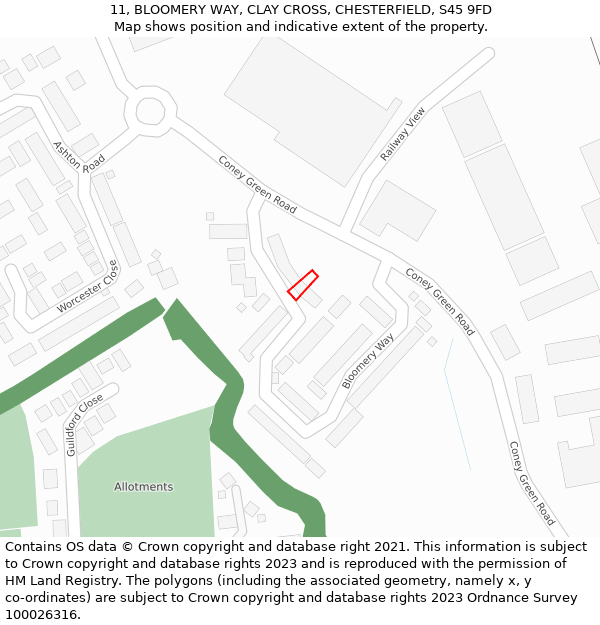 11, BLOOMERY WAY, CLAY CROSS, CHESTERFIELD, S45 9FD: Location map and indicative extent of plot