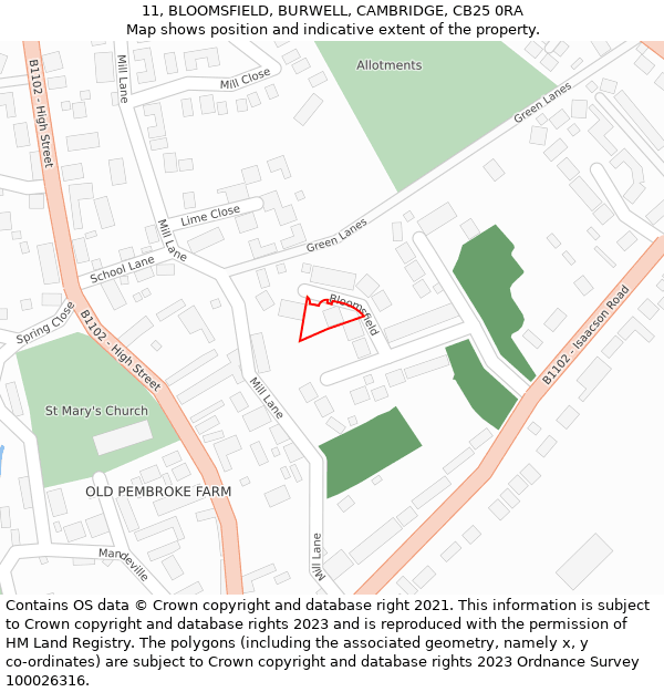 11, BLOOMSFIELD, BURWELL, CAMBRIDGE, CB25 0RA: Location map and indicative extent of plot