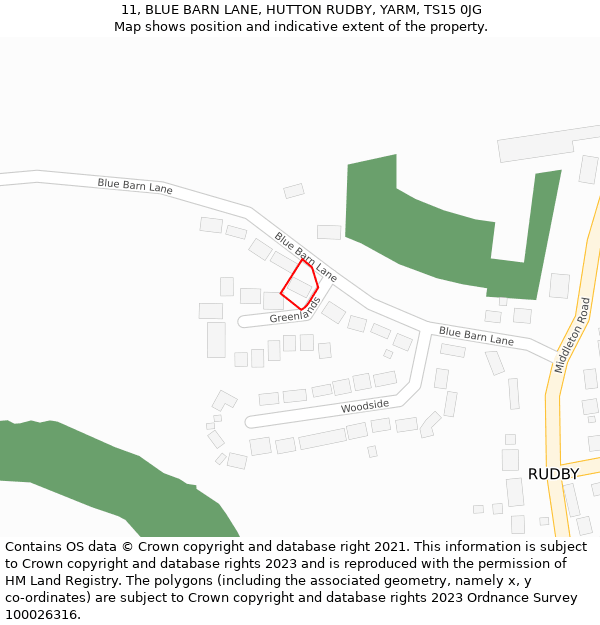 11, BLUE BARN LANE, HUTTON RUDBY, YARM, TS15 0JG: Location map and indicative extent of plot