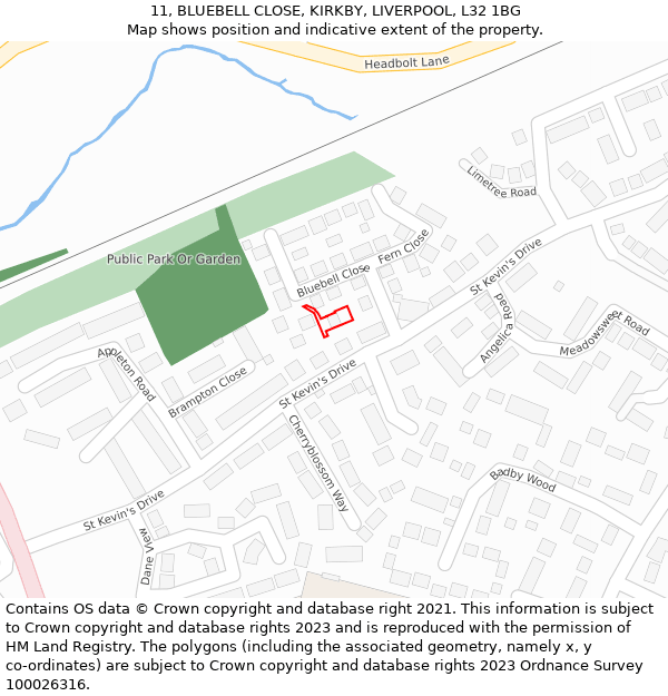 11, BLUEBELL CLOSE, KIRKBY, LIVERPOOL, L32 1BG: Location map and indicative extent of plot